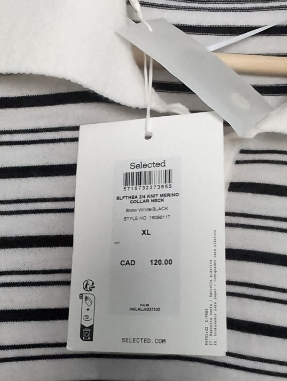 Selected Striped Polo Knit Top in White and Black - Picture 2 of 8